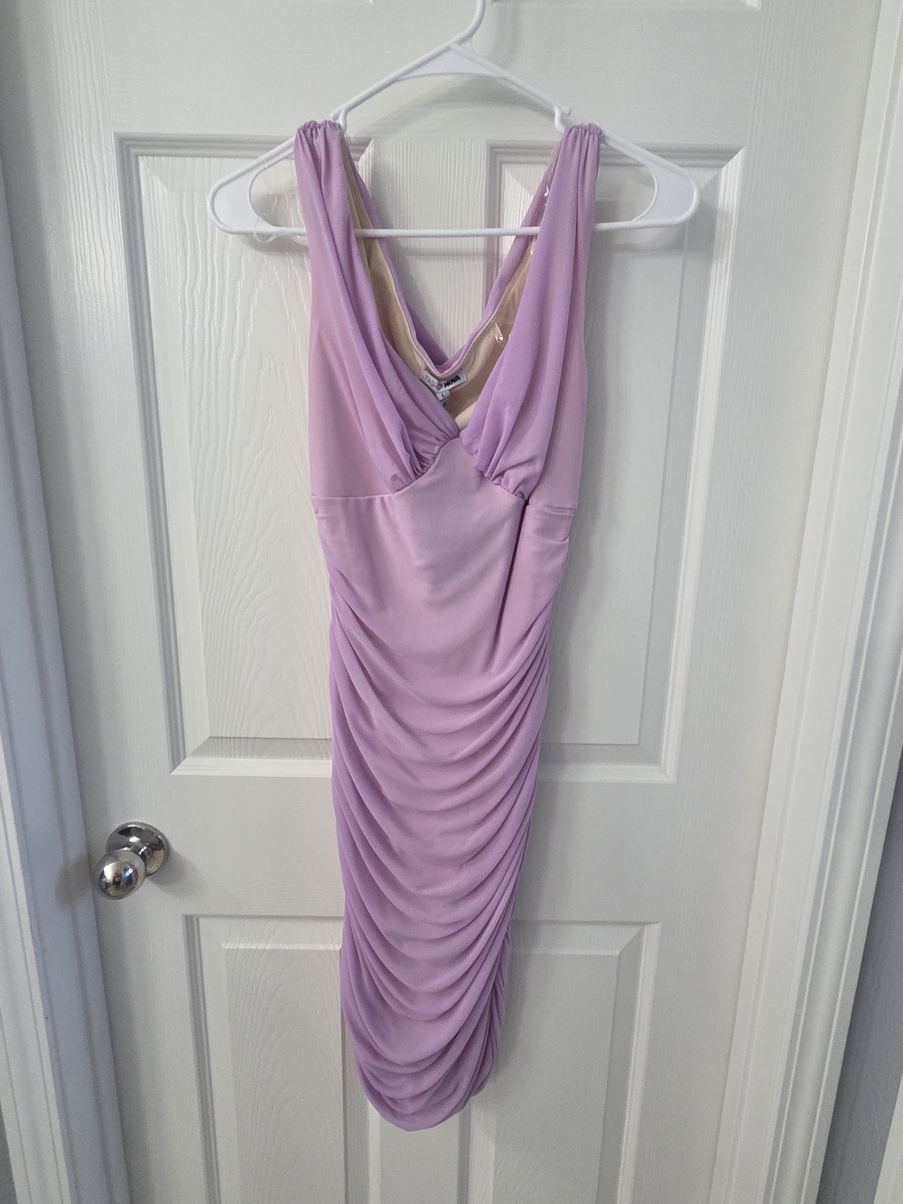 Sleeveless V-Neck Ruched Midi Dress in Light Lavender